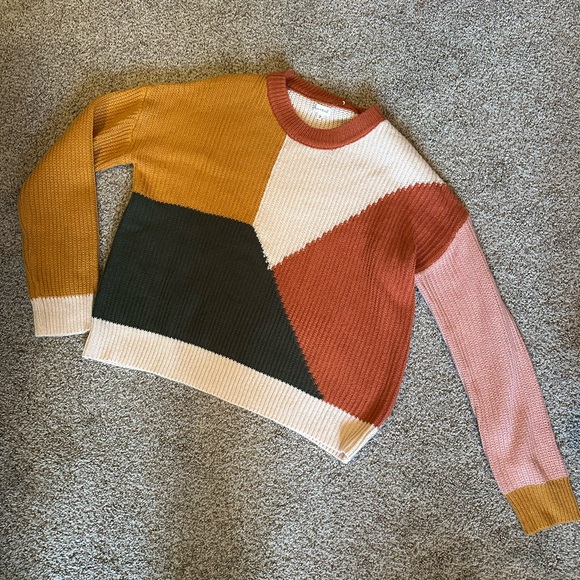 Sweaters - Colorblock Sweater - Mustard, Green, Rust, and Cream